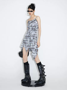 Mottled Blue Plaid Irregular Suspender Dress