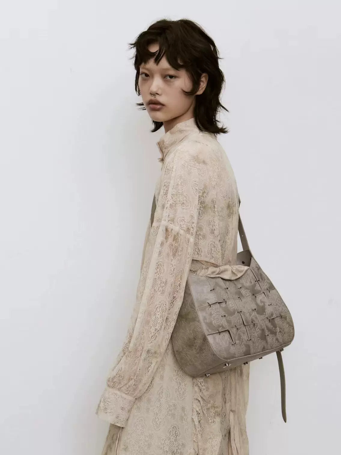 Grey Embossed Pony Hair Shoulder Bag