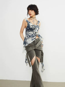 Printed ruffled square neck camisole top