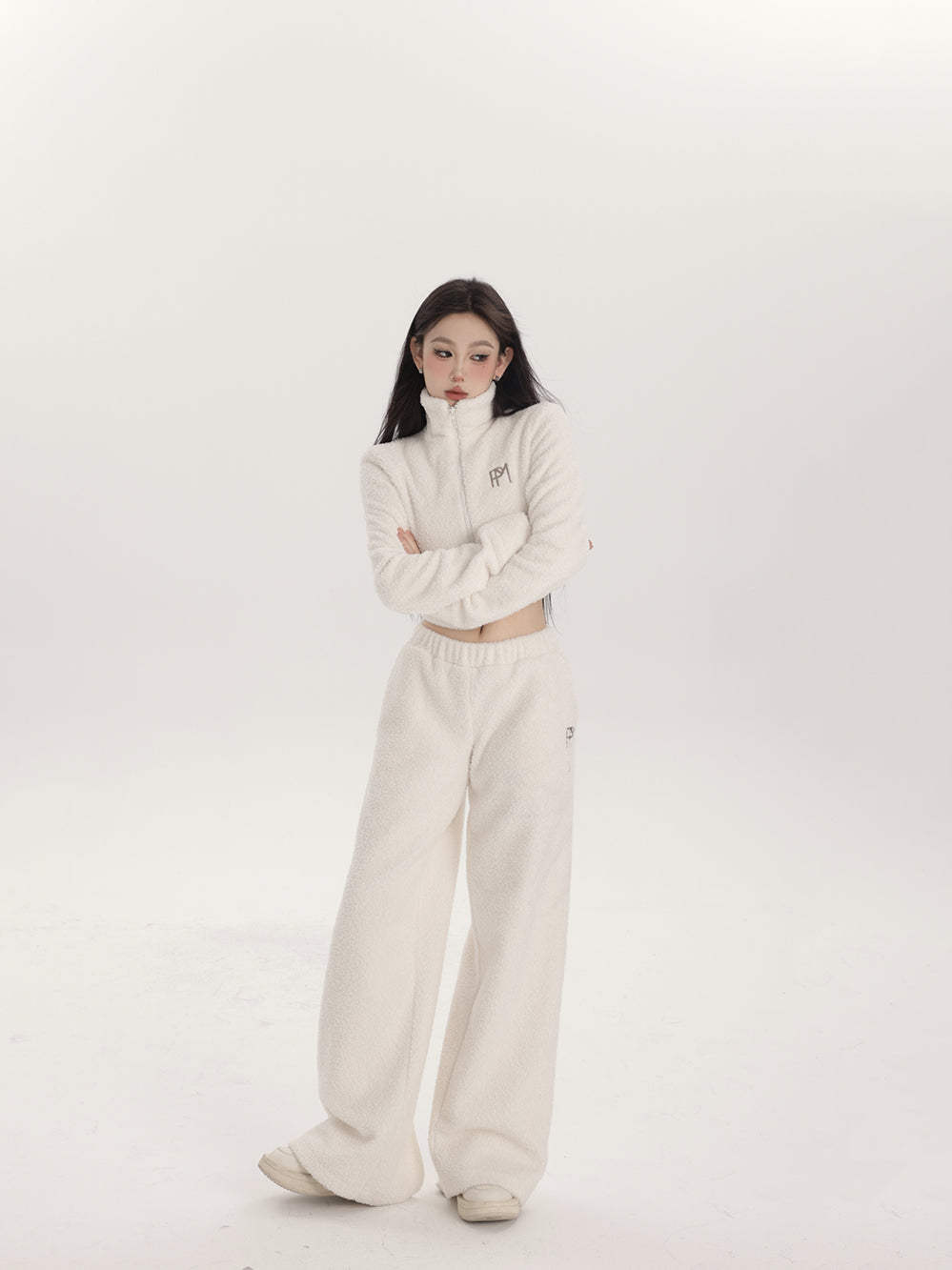 Plush High-Neck Jacket & Low-Waist Wide-Leg Pants