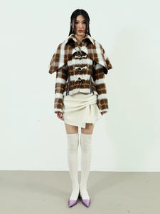 Bow-knot fur-edged woolen miniskirt