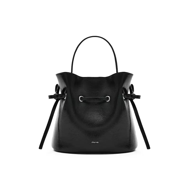 Soft leather bucket drawstring bag