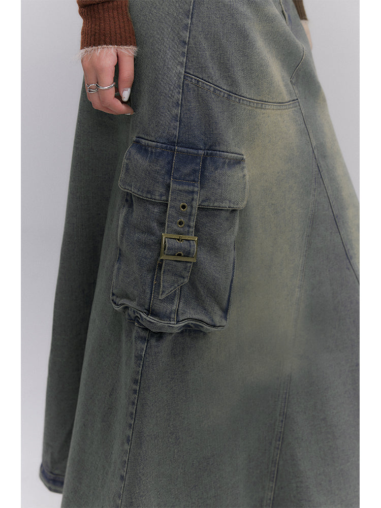 Washed Distressed Cotton Denim Skirt