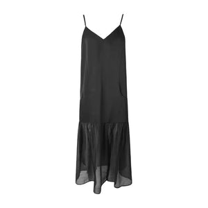 V-neck suspender stitching micro-sheer dress