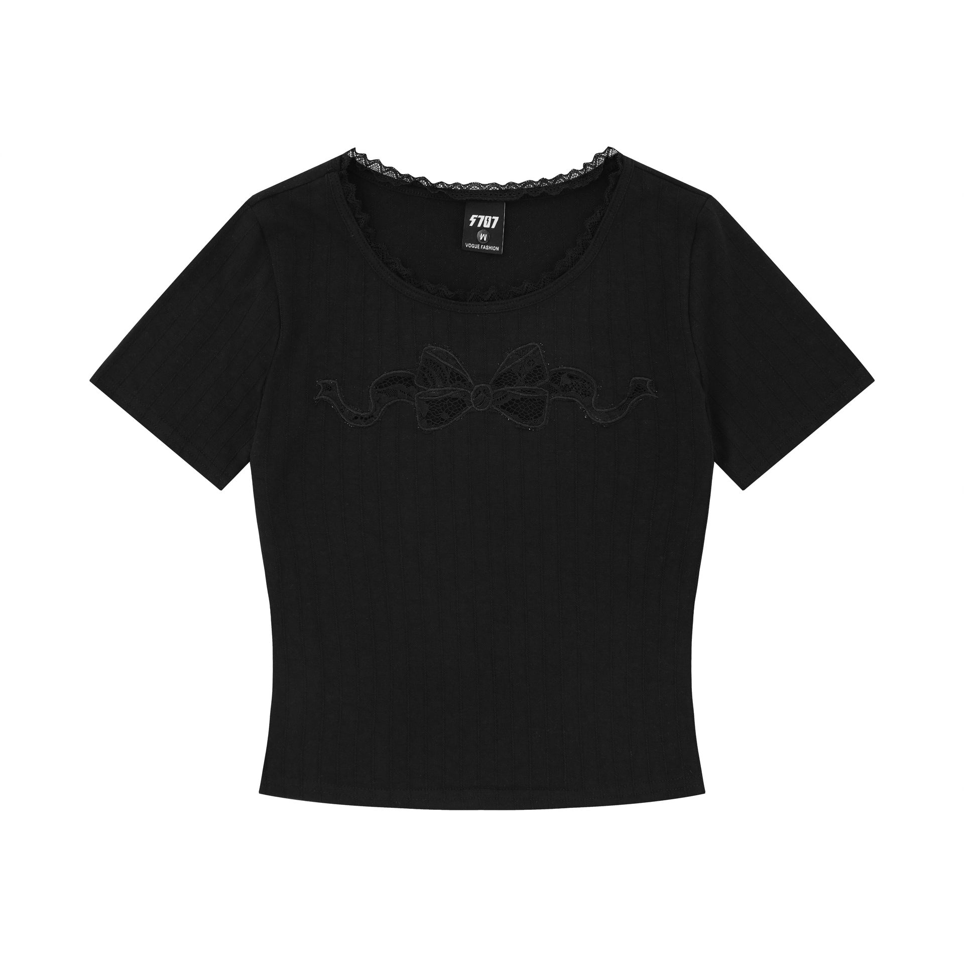 Sweet short-sleeved hollow lace bow T-shirt