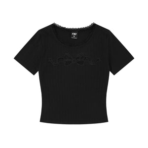 Sweet short-sleeved hollow lace bow T-shirt