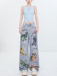 Quirky Player - Original Early Autumn Graffiti Print Jeans