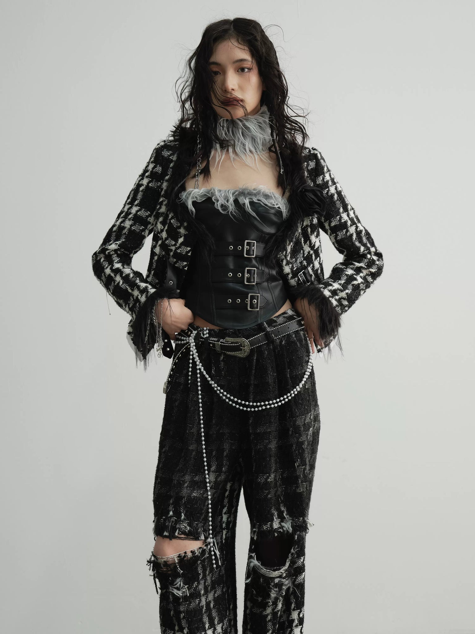 Punk PU leather tube top with fur patchwork