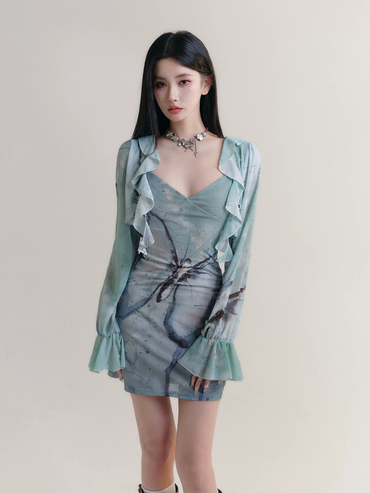 Dream Butterfly Print Slim Suspender Dress