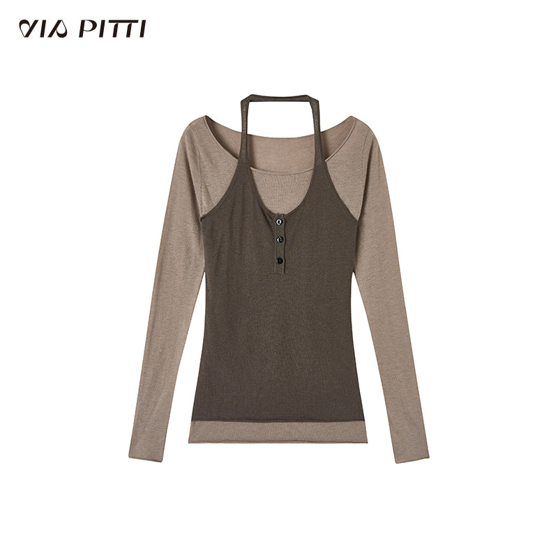 Neck Hanging Fake Two Piece Woolen Knitted T-shirt