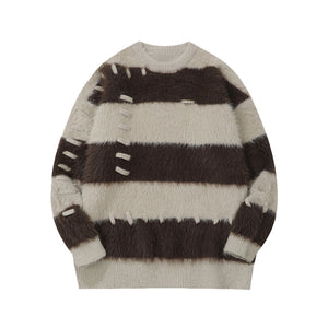 Striped Color Blocked Loose Round Neck Pullover Sweater