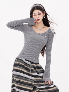 Original Asymmetric Off-Shoulder Lapel Long-Sleeve Knitted Sweater