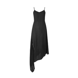 Black V-neck bevel slit tie dress