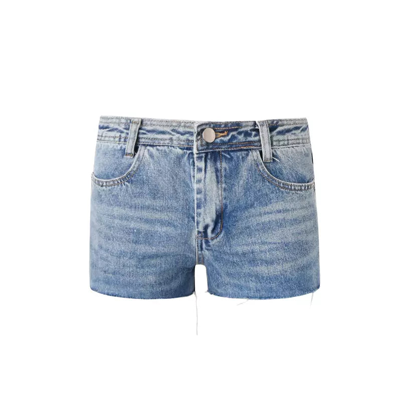 Blue low waist slim cut denim shorts