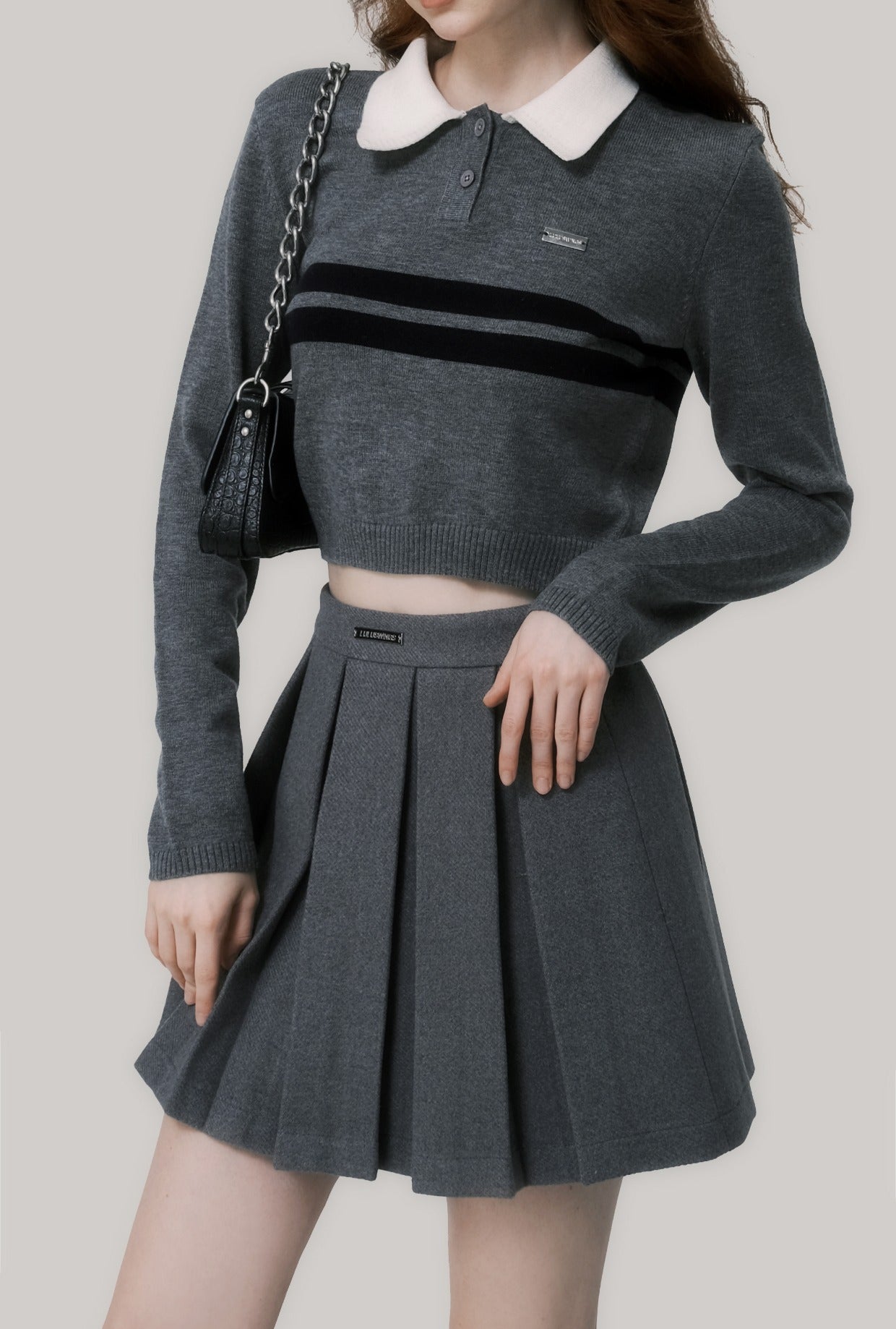 College style polo collar wool sweater cropped sweater contrast color design