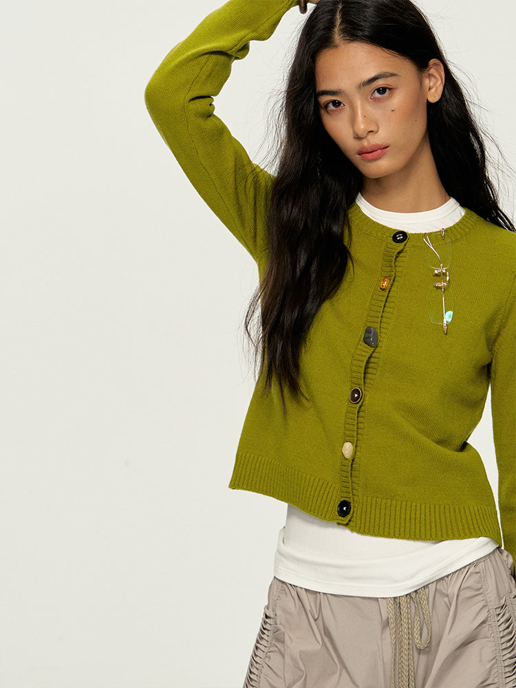 Kiwi Green Irregular Fruit-Shaped Buttons Sweater