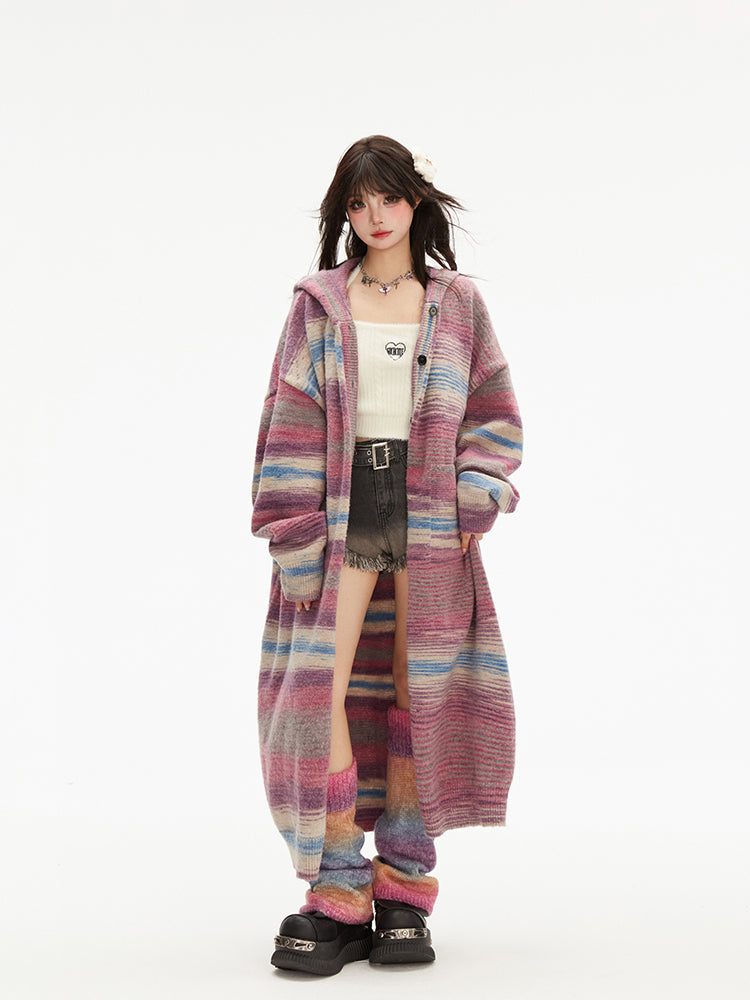 Pink Striped Long Knitted Coat