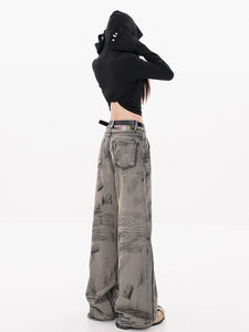 Vintage Wasteland-Style Tie-Dye Wide-Leg Fleece-Lined Jeans