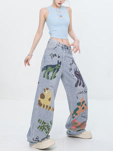 Quirky Player - Original Early Autumn Graffiti Print Jeans