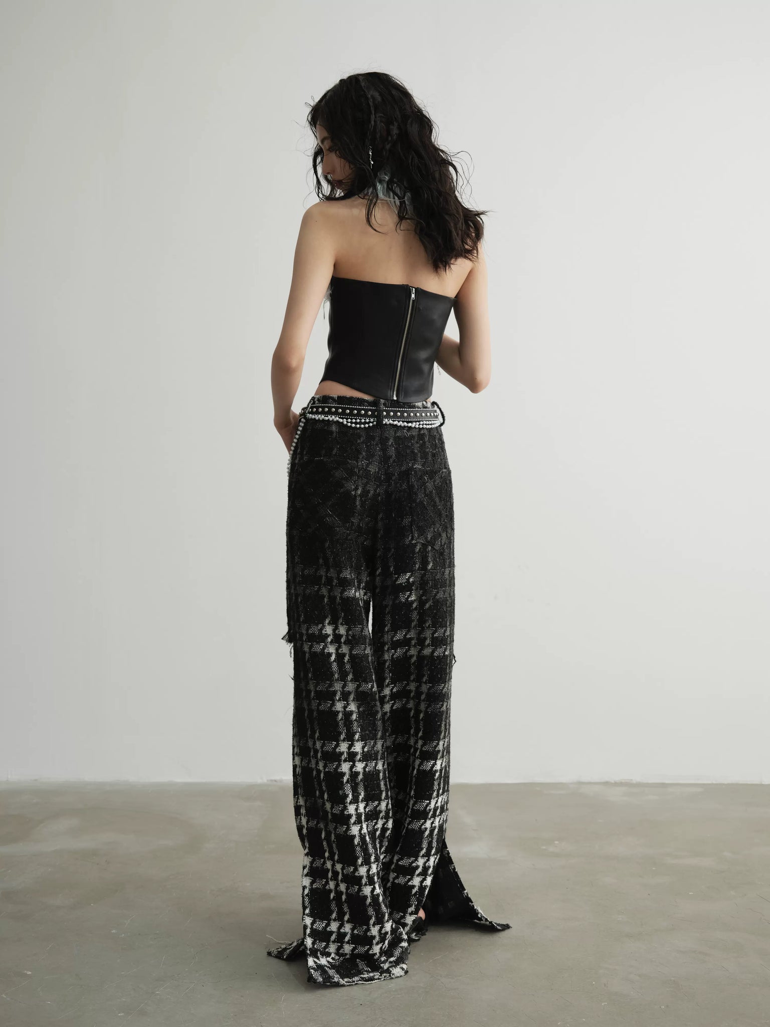 Raw Edge Gradient Spray Color Wide Leg Plaid Trousers