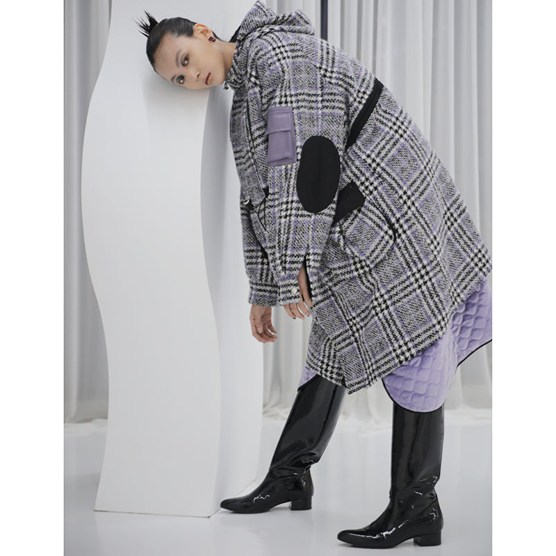 Hooded Cargo Plaid Tweed Coat with Removable Cotton Liner