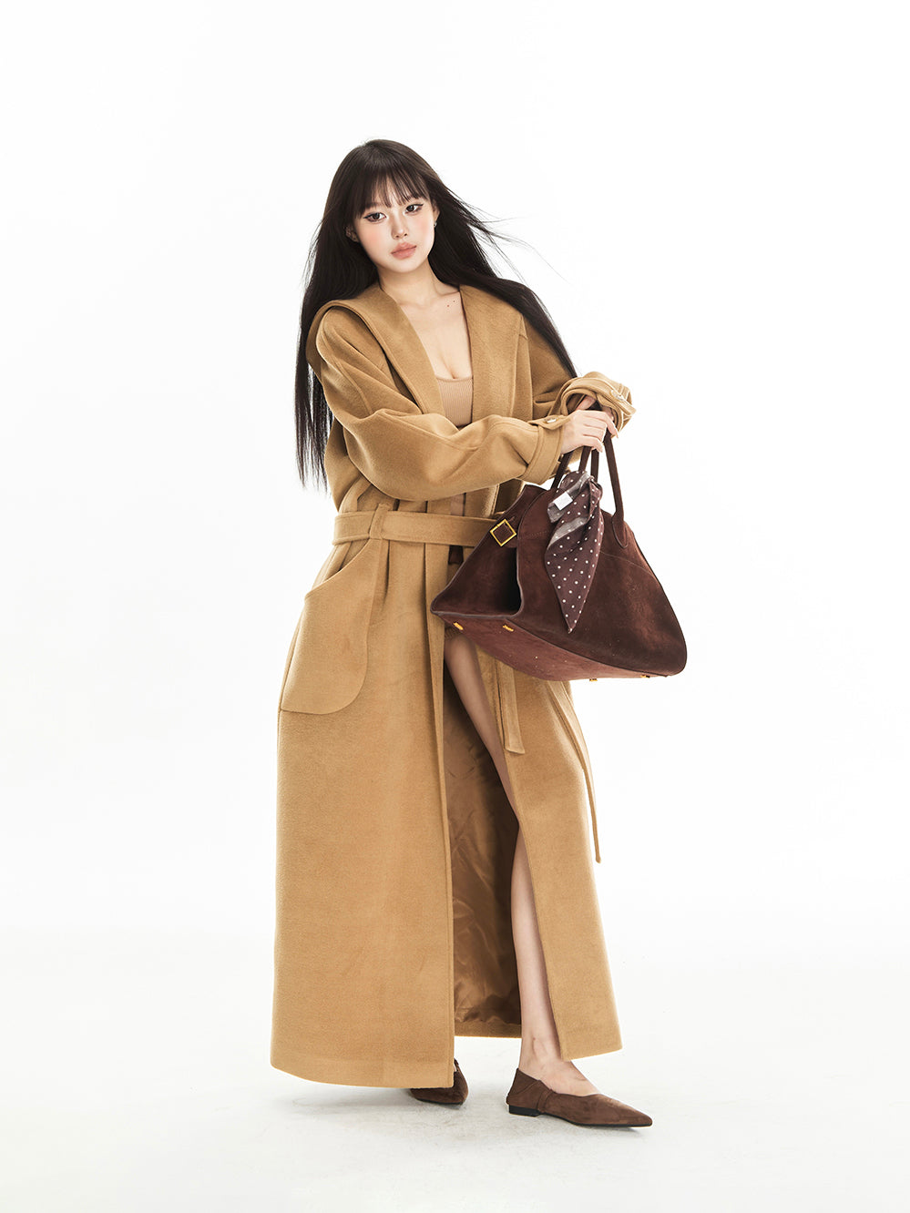 Elegant Belted Long Woolen Overcoat