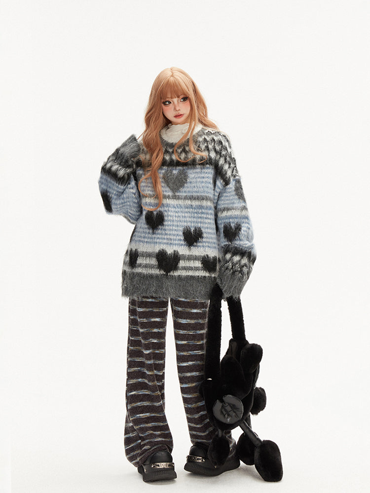 Fair Isle Contrast Color striped Blue Knit Sweater