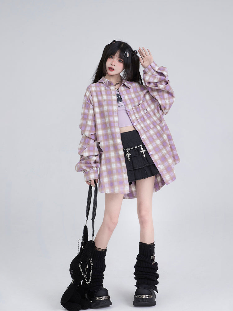 Hollow Star Thin Purple Checkered Long Sleeved Shirt