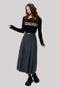 Dark grey pleated slim versatile long skirt college style elegant woolen skirt