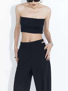 Black loose straight-leg suit pants with hollowed-out back waist