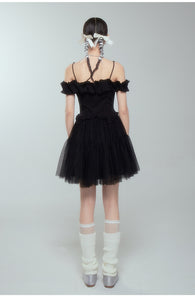 One-shoulder mesh suspender skirt A-line high waist cloud shoulder tutu skirt