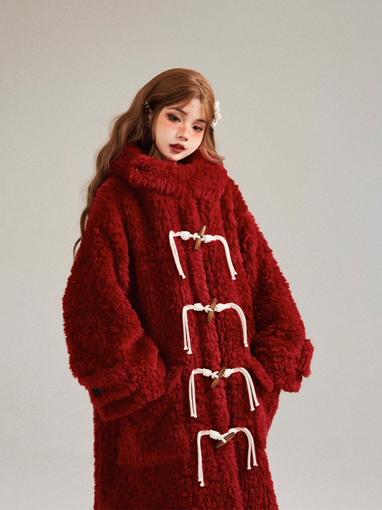 Fluffy Loose-Fit Mid-Length Red Faux Wool Coat