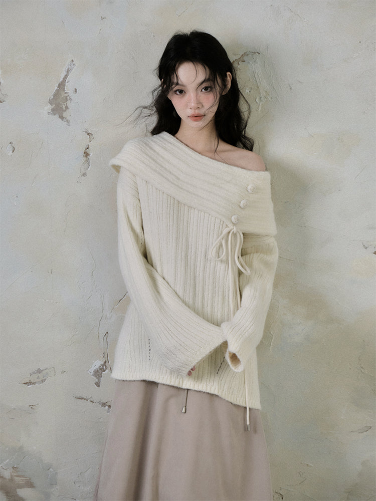 Button Off-shoulder Sweater