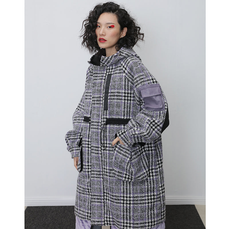 Hooded Cargo Plaid Tweed Coat with Removable Cotton Liner