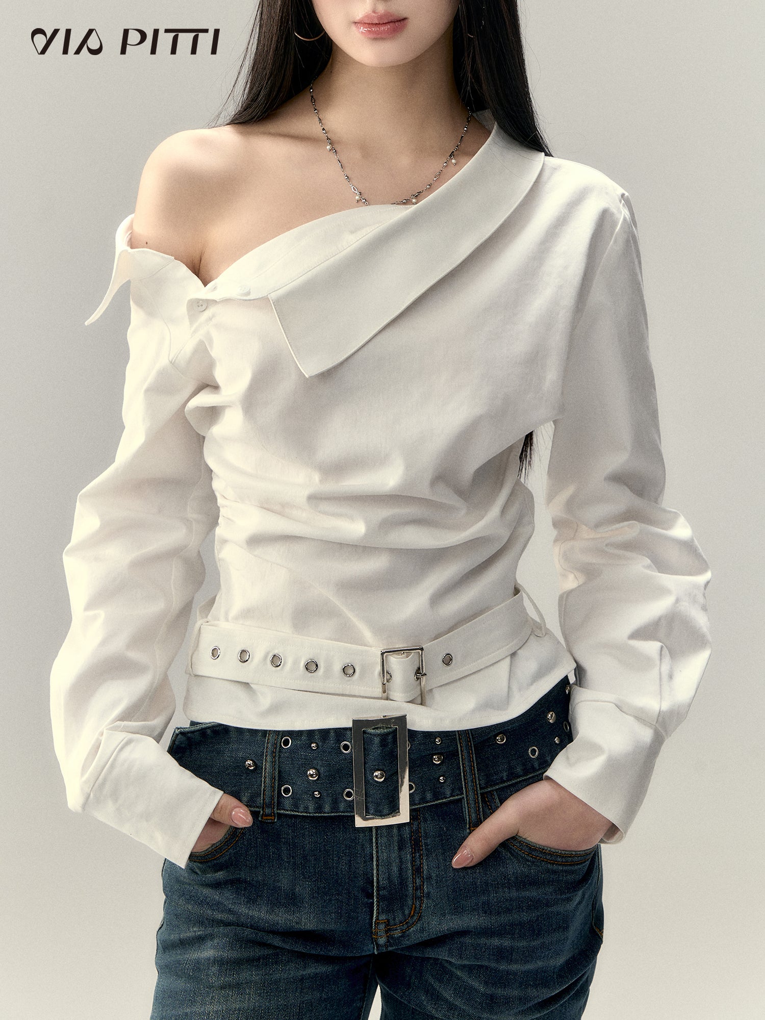 shoulder less pleated waistband short shirt women's slim fit top