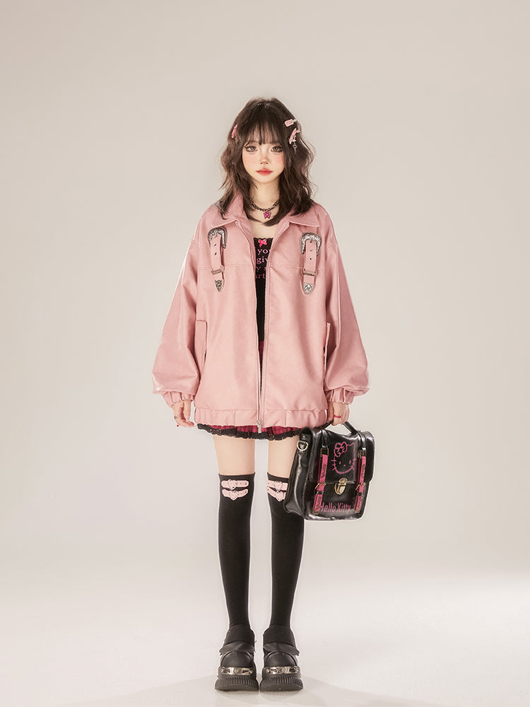 Pink retro design PU jacket