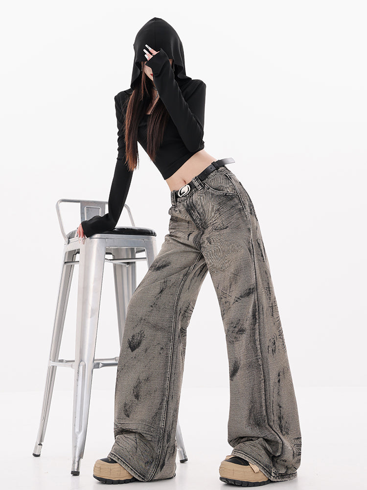 Vintage Wasteland-Style Tie-Dye Wide-Leg Fleece-Lined Jeans