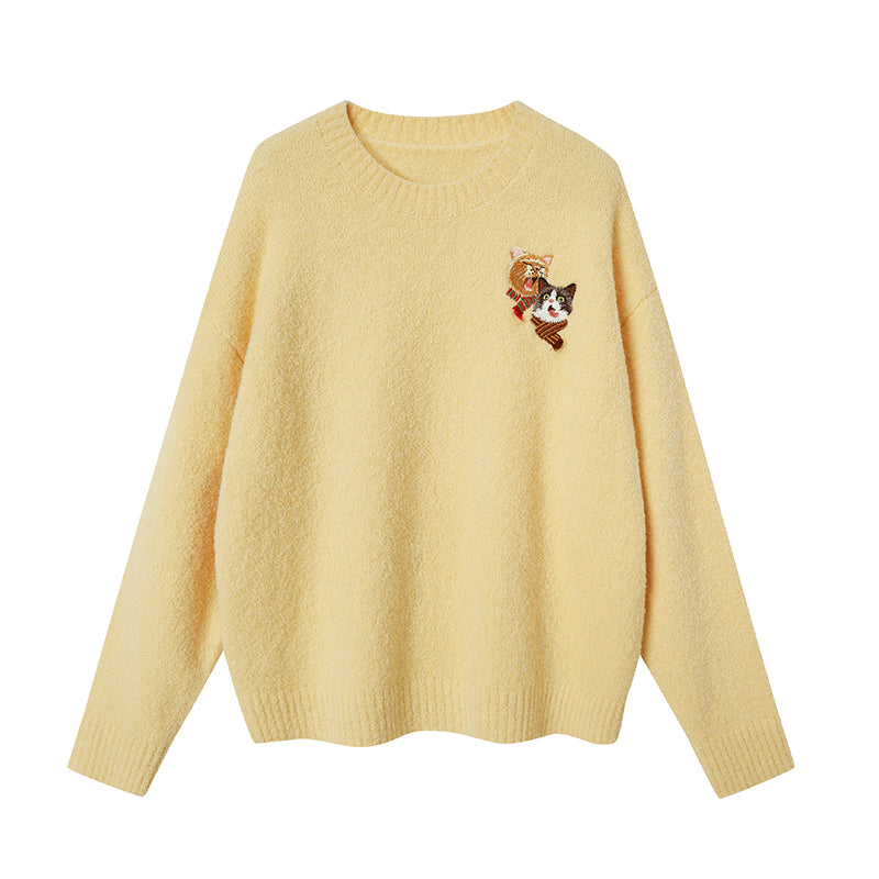 Little cat embroidery round-neck knitted sweater