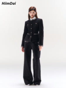 Fleece Cinched Waist Wool Jacket & High-Waisted Trousers Set