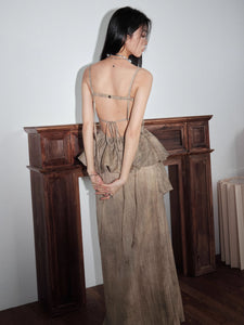 Ancient Greek goddess pleated lace-up two-piece dress