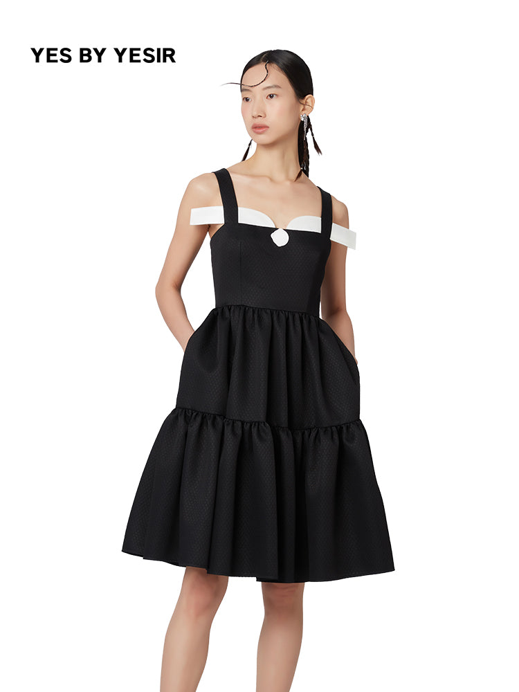 French light luxury black dress with suspenders