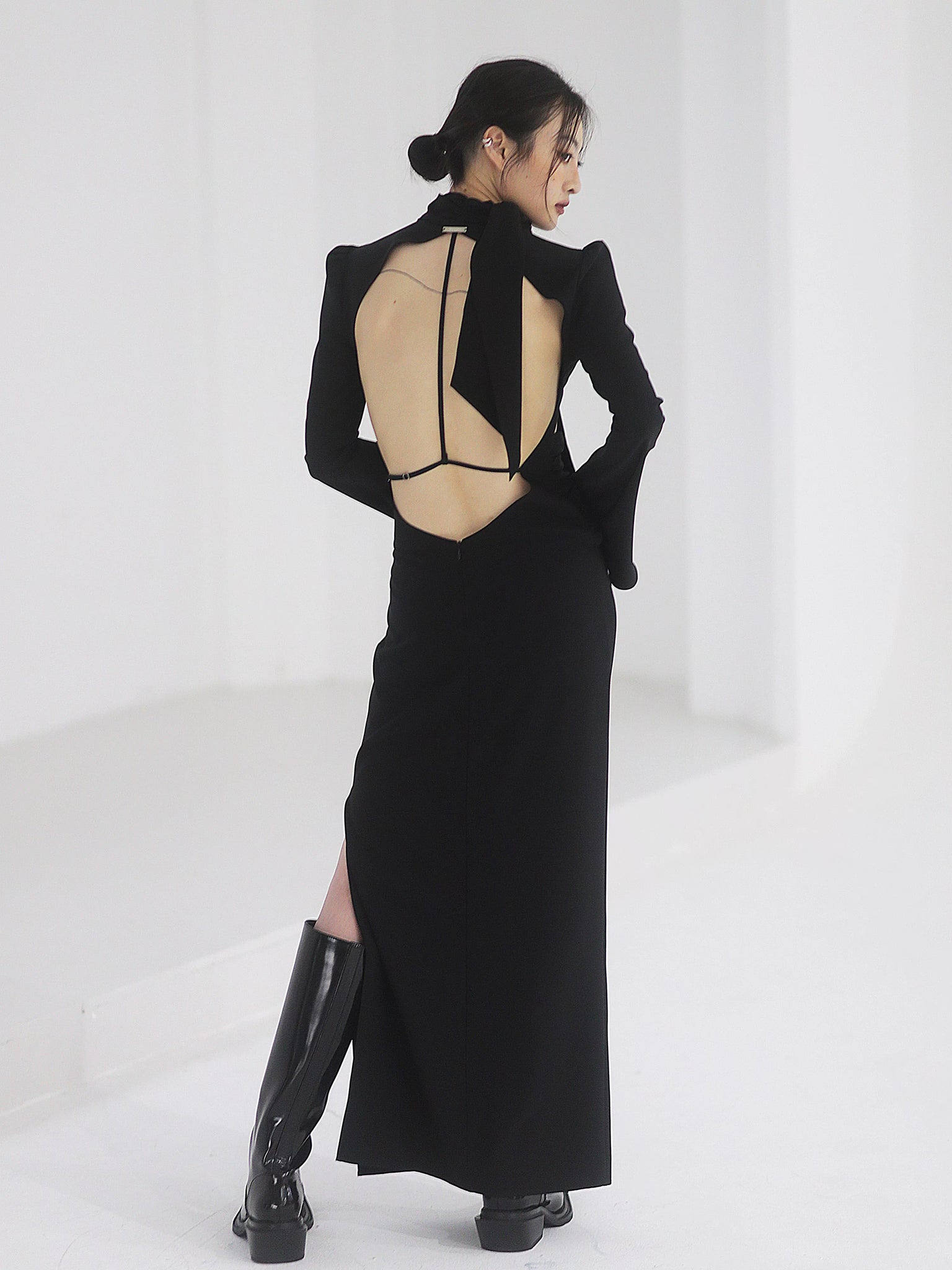 Large open back hollow tie dress