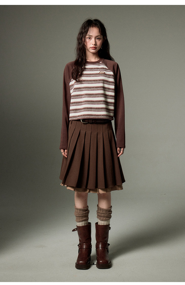 Dark Brown Retro Striped Round Neck Raglan Sleeve Striped Sweatshirt