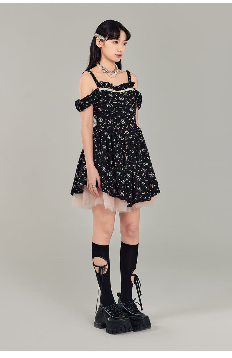 Black floral dress stylish high waist suspender skirt