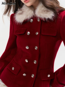 Faux Fur Collar Red Double-Breasted Wool Coat & Low-Waisted Skirt Set