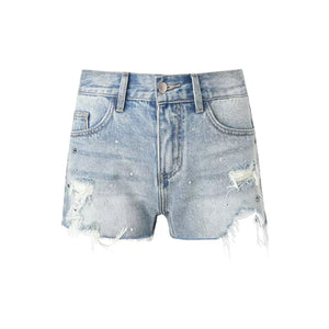 Washed light blue ripped denim shorts