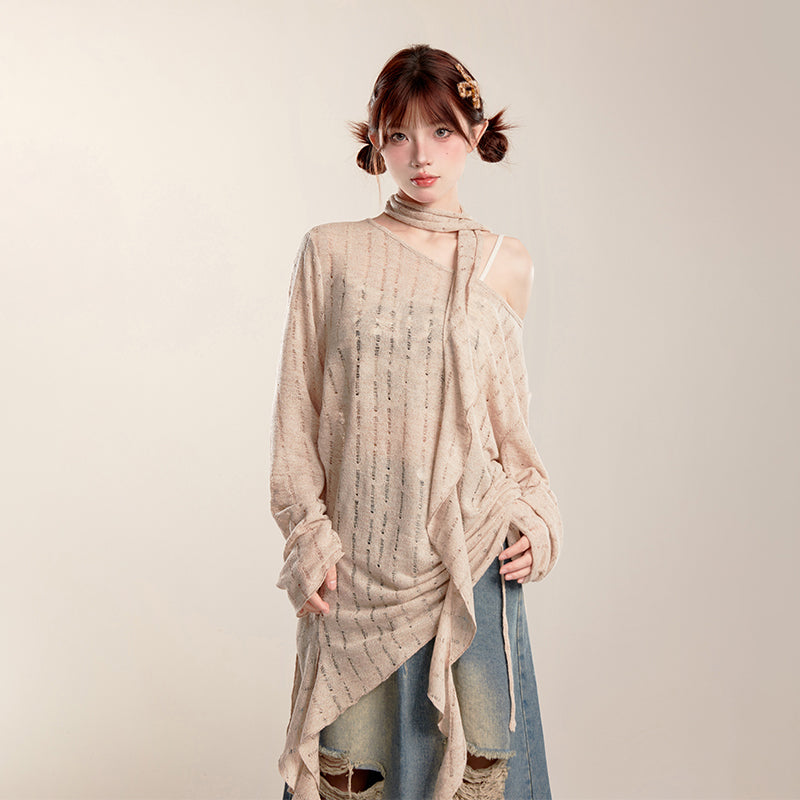 Irregular Ruffled Edge Long Sleeved Knitted Off Shoulder T-Shirt