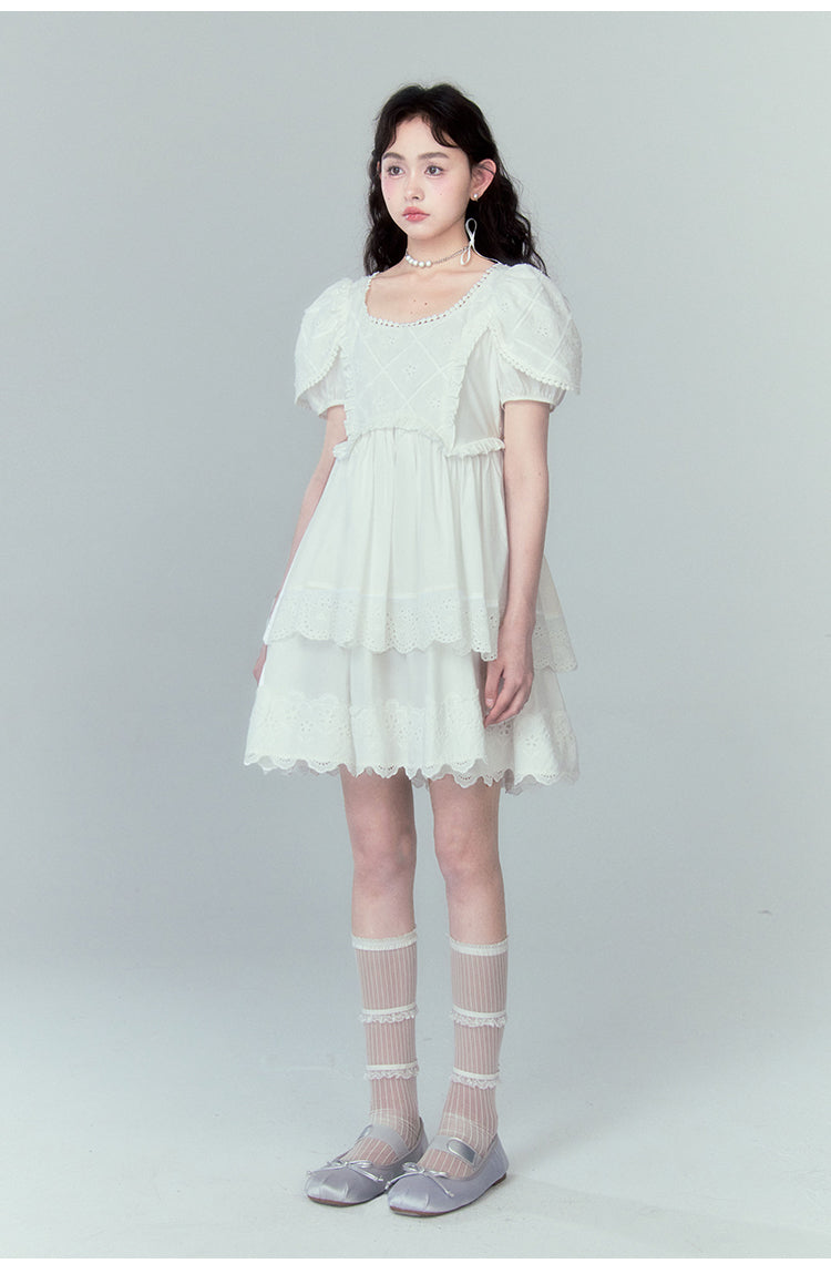 Fake two-piece petal sleeves white pure dress layered lace princess dress