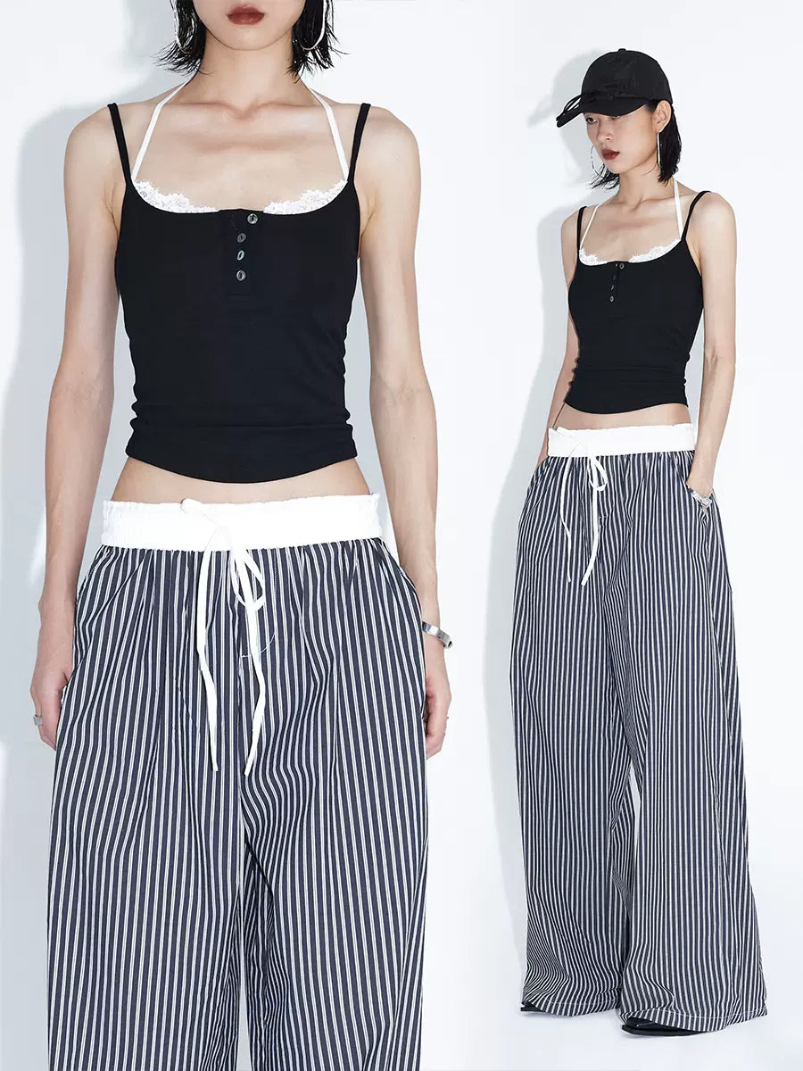 Striped contrast color drawstring casual pants