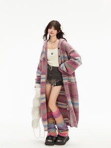 Pink Striped Long Knitted Coat